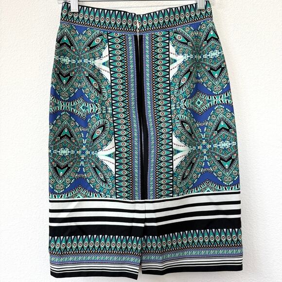 ANTONIO MELANI Pencil Skirt Blue Geometric Print Cotton Lined Size 2 Chic - Picture 3 of 5